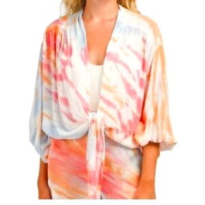 NWOT YOUNG FABULOUS & BROKE TIE DYE TIE FRONT BLOUSE TOP PINK ORANGE WOMEN XS